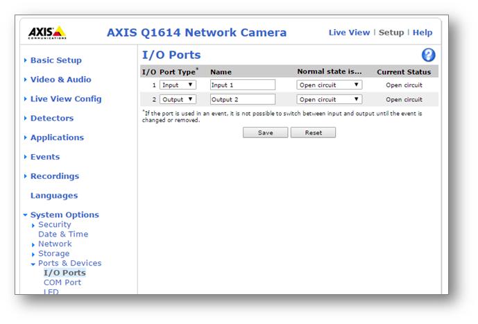 Axis web interface, I/O Port Type