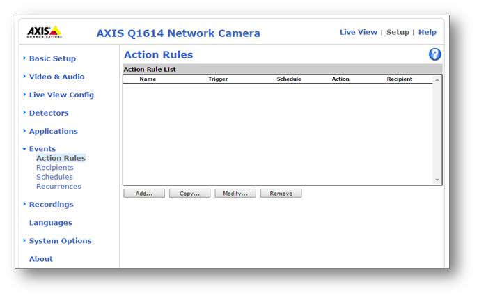 Axis camera web interface, Action Rules